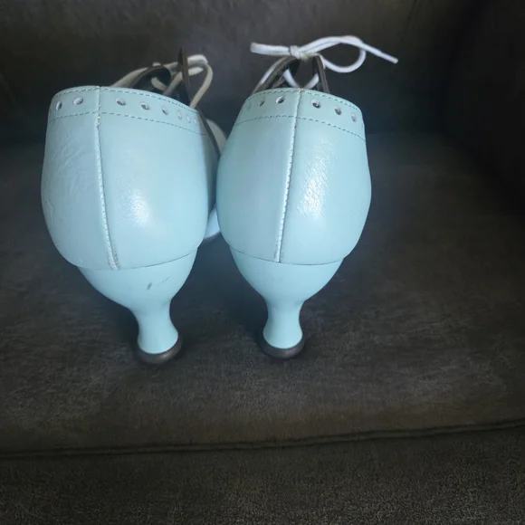 John Fluevog Bellevue Mollie Johnson Lace Up Aqua and Black Heels - Picture 3 of 7